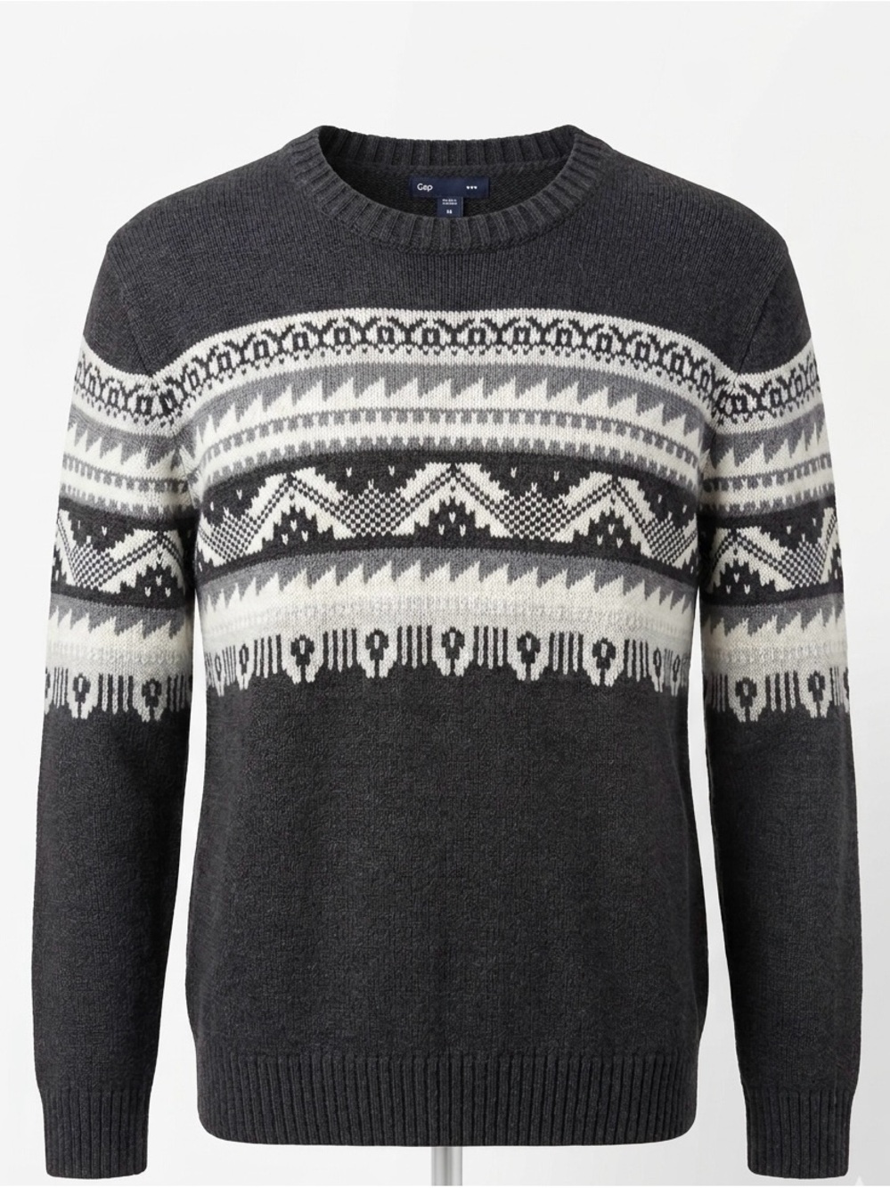 GAP Men's Charcoal and White Fair Isle Crewneck Sweater